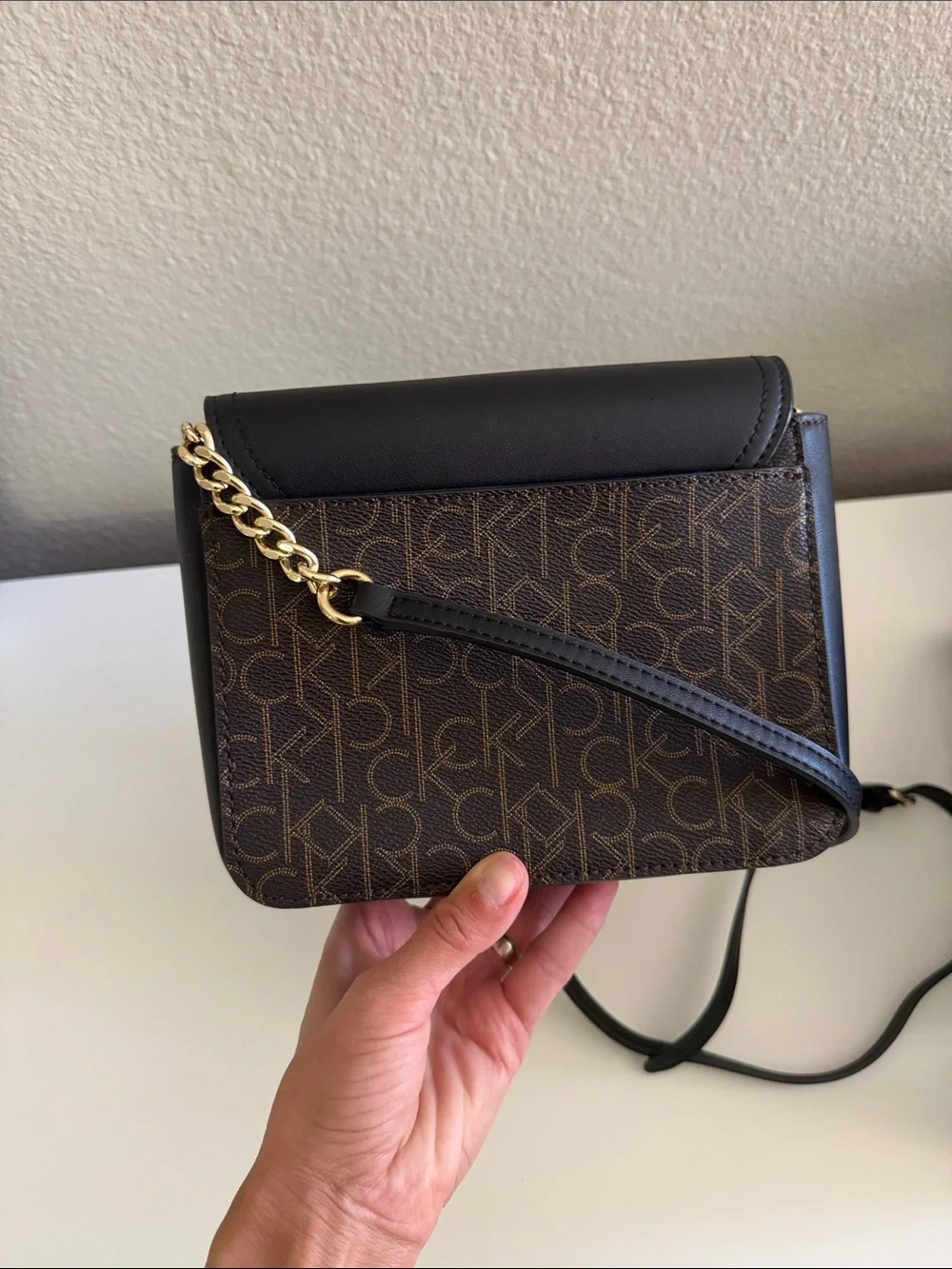 Calvin Klein Black & Brown Logo Flap Crossbody Bag